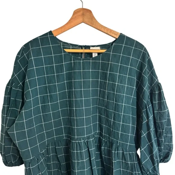 A new day green & white plaid windowpane peplum smock puff sleeve top size XL - Picture 6 of 14
